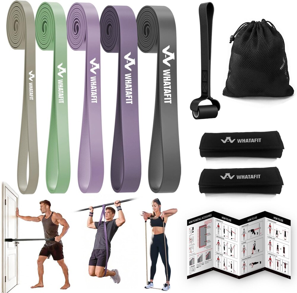 WHATAFIT Resistance Bands,Pull Up Assist Bands Set with Handles, Exercise & Workout Bands with Door Anchor for Men & Women – Home Fitness Equipment for Strength Training, Stretching