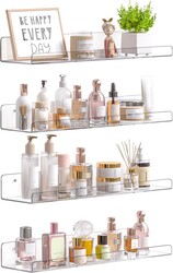 upsimples Acrylic Shelves for Bathroom Storage, 15" Floating Shelves Wall Organizer for Perfume, Make up, Skincare, Kids Bookshelf for Bedroom, Nursery, Living Room Decor, Clear, 4 Pack