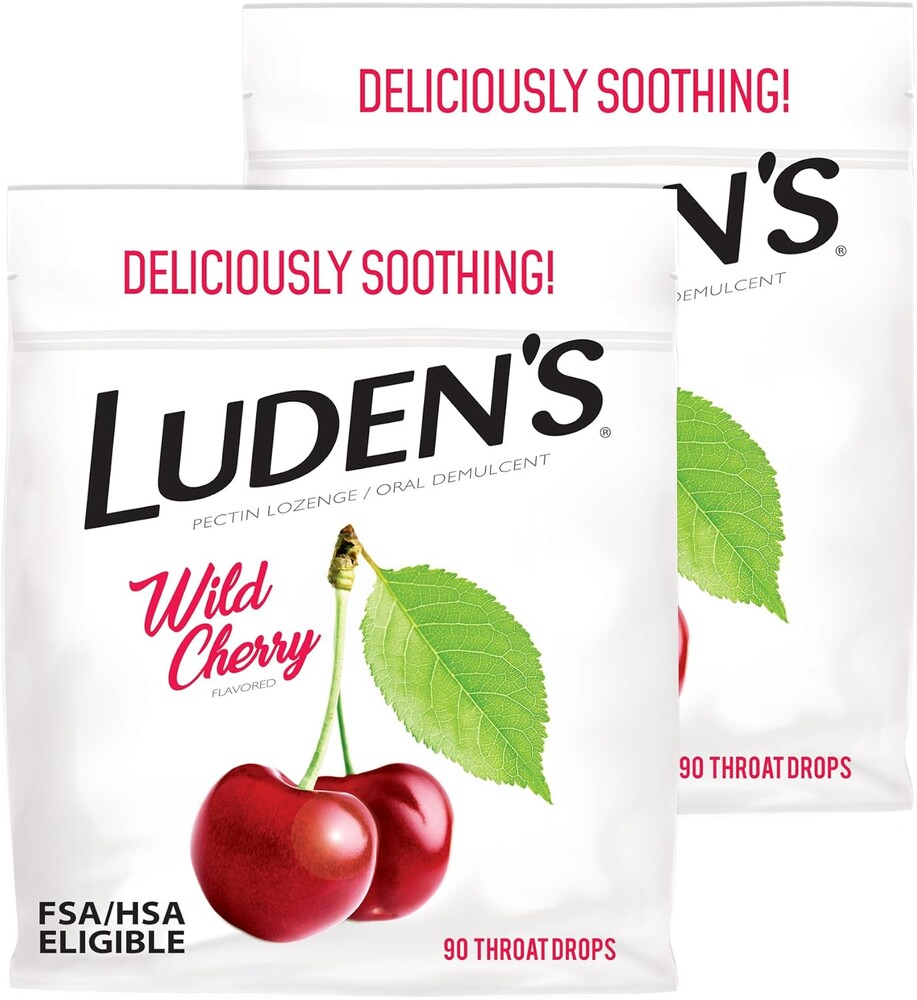 Luden's Sore Throat Relief Lozenges for Minor Everyday Irritation & Dry Mouth, Wild Cherry Flavored Drops, 90 Count, Pack of 2