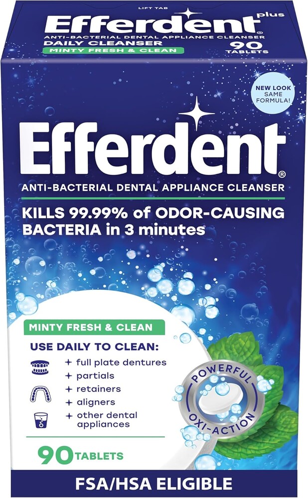 Efferdent Denture Cleaner Tablets – Dental Appliances, Aligners, Mouth Guard, and Retainer Cleaner Tablets, Minty Fresh & Clean, 90 Count