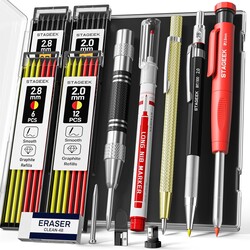 14 Pack Carpenter Pencil Set with Sharpener, Mechanical Carpenter Pencils with 60 Refills, Deep Hole Long-Nib Marker Pens, Carbide Scribe Tool & Construction Pencils for Architect with Case