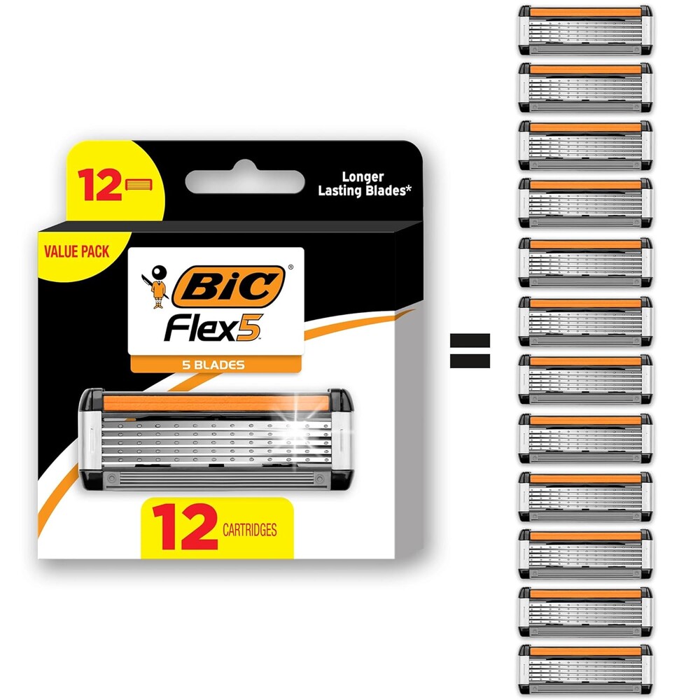 BIC Flex 5 Refillable Razors for Men, Long-Lasting 5 Blade Razors Refills for a Smooth and Comfortable Shave, 12 Razor Cartridges