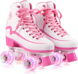 METROLLER Classic Roller Skates Girls Ages 8-12 Women's Quad Skates with Light up Wheels, High-top PU Leather Indoor Recreational Skates