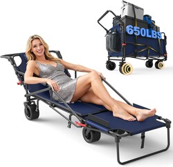 LEVELEVE Heavy Duty Folding Wagon - 2-in-1 Collapsible Cart, 650lb Capacity, All-Terrain Wheels w/Brakes & Side Pockets (Blue)