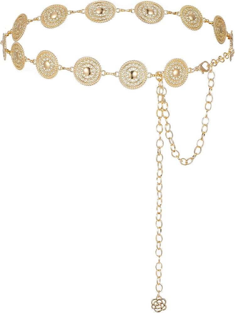 Xindojuz 1 PCS Western Belt for Women, Metal Gold Chain Belt for Dress, Country Boho Cowgirl Waist Chain for Jeans Concho Concert Gold Chains Hip Belts (116 cm)