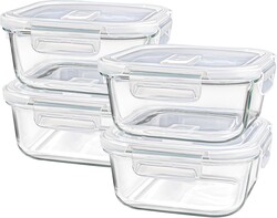Square Glass Containers with Lids 24oz - Borosilicate Glass Food Storage Set 3 Cup, Freezer Safe Meal Prep Containers, Sandwich Lunch Box, Yogurt Cereal Bowls with Vented Lids BPA Free 4 Pack