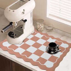 Scalloped Checkered Dish Drying Mats for Kitchen Counter, Cute Coffee Mat, Absorbent, Non-Slip Rubber, Kitchen Decor (12"x19", Terracota)