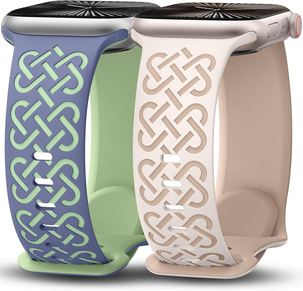 Minyee 2 Pack Engraved Bands Compatible with Apple Watch Band 38/40/41/42/44/45/46/49mm, Soft Silicone Cute Two-Tone Celtic Knot Pattern Sport Strap for iWatch Series 11 10 9 8 7 6 5 4 SE/Ultra 3 2 1