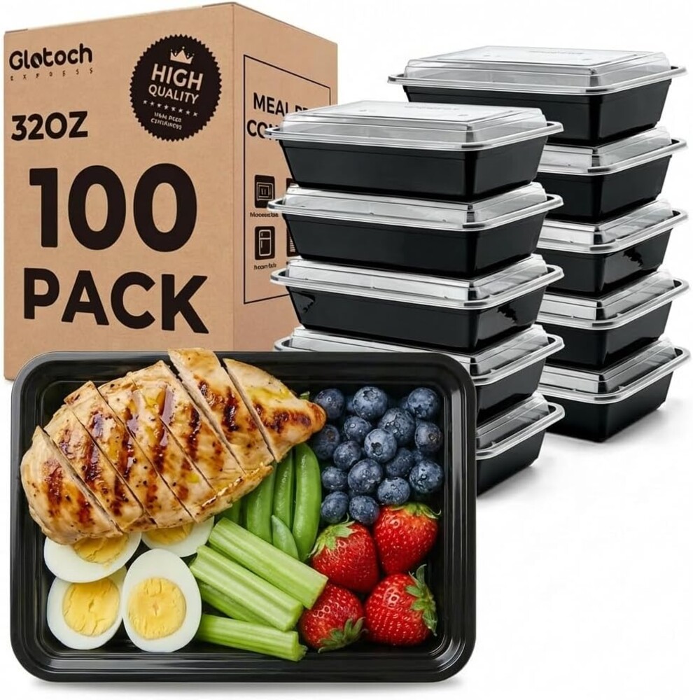 Glotoch Meal Prep Containers 32oz 100 Pack(200 Piece) with Lids, Reusable 1-Compartment Food Storage Containers, Bento Lunch Boxes, Microwave/Freezer/Dishwasher Safe, BPA-Free Takeout Boxes