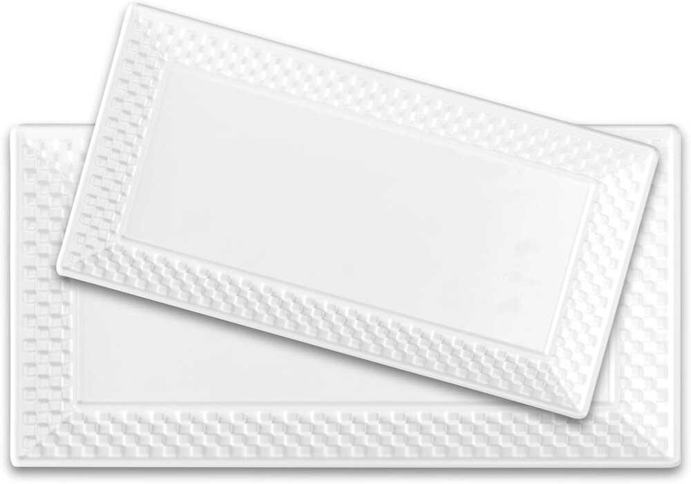 Maison Neuve-Large Ceramic Rectangular Serving Platter Set With Pure White (2-Pack)-14" and 12" Trays. (Basketweave Design)