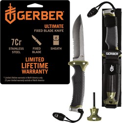 Gerber Gear Ultimate Survival Knife, Fixed Blade Knife with Combo Edge, includes Fire Starter Edge and Ferro Rod, Whistle, Sheath with Integrated Sharpener - Bushcraft, Hunting and Camping Tool