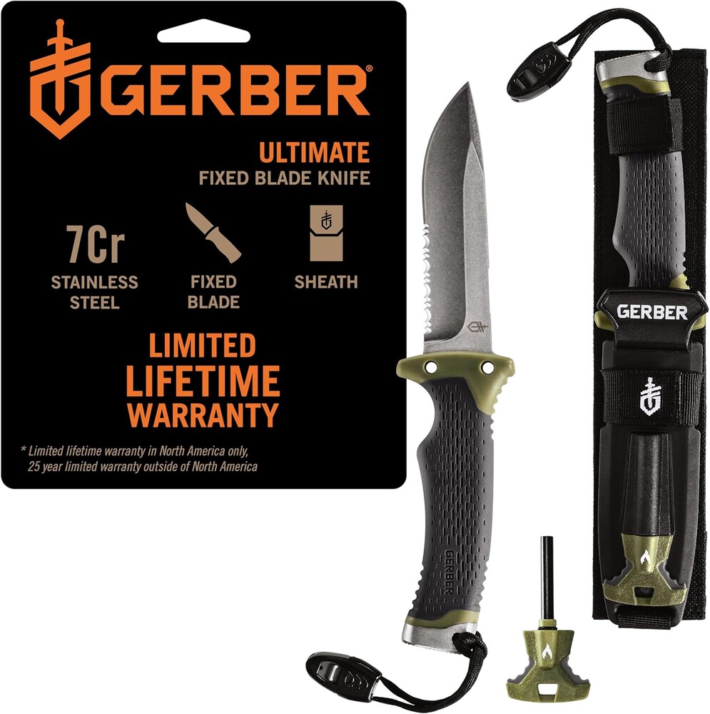 Gerber Gear Ultimate Survival Knife, Fixed Blade Knife with Combo Edge, includes Fire Starter Edge and Ferro Rod, Whistle, Sheath with Integrated Sharpener - Bushcraft, Hunting and Camping Tool