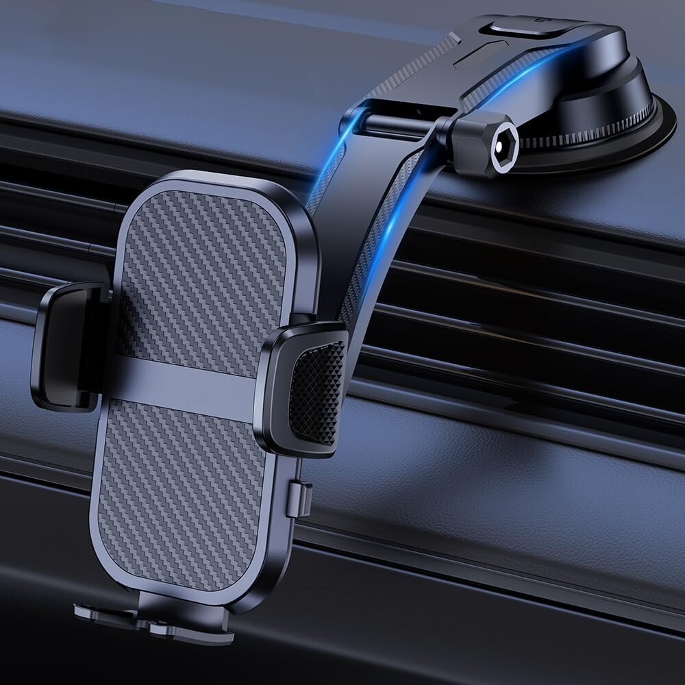 Car Phone Holder with Enhanced Suction Cup, One-Button Open, Adjustable Foot, Compatible with Thick Cases & All Phones, Ideal for Dashboard