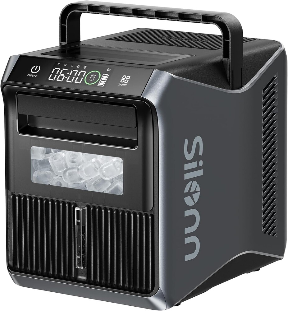 Silonn Portable 4-Power Ice Maker - 9 Cubes in 6 Mins, 22lbs/Day | 12V/24V Car & 100-240V AC Solar-Ready, Auto-Clean Countertop Ice Machine for Camping, RV, Home & Outdoor (No Plumbing Needed)