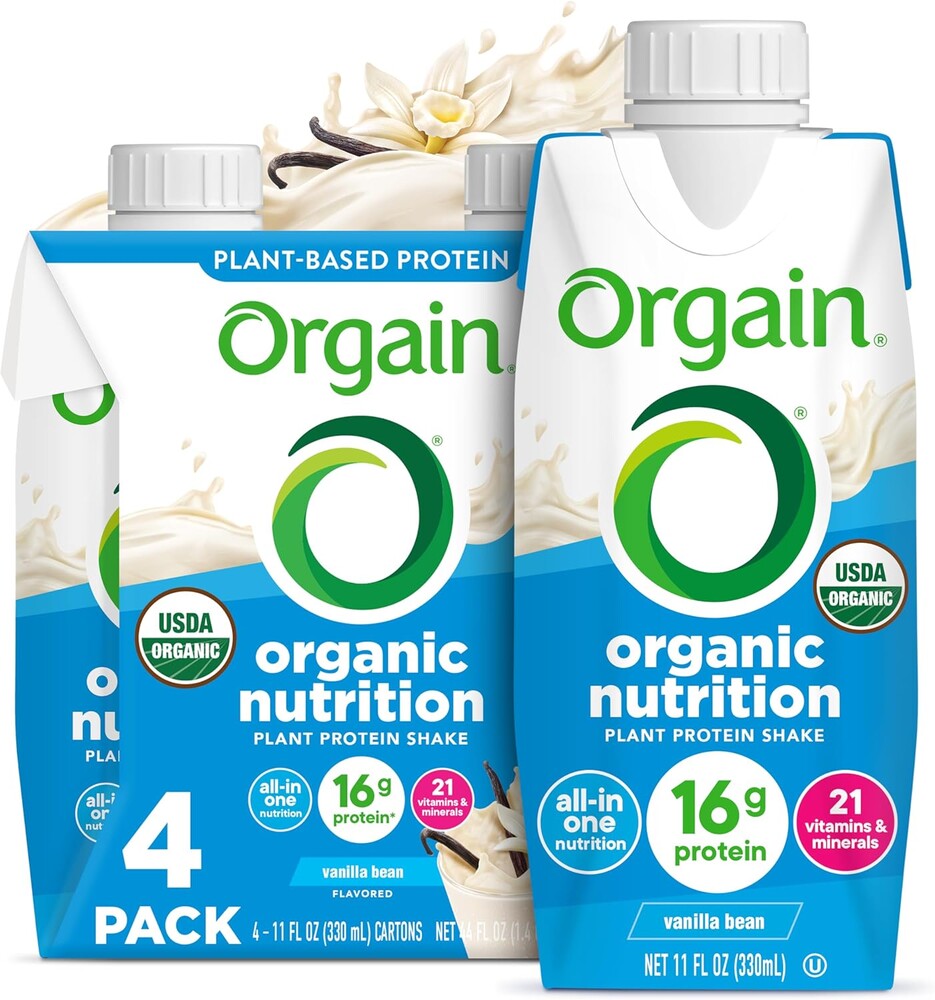 Orgain Organic Nutritional Vegan Protein Shake, Vanilla Bean - 16g Plant Based Protein, Meal Replacement, 21 Vitamins & Minerals, Fruits & Vegetables, Gluten Free, Non-GMO, 11 Fl Oz (Pack of 4)