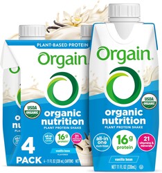 Orgain Organic Nutritional Vegan Protein Shake, Vanilla Bean - 16g Plant Based Protein, Meal Replacement, 21 Vitamins & Minerals, Fruits & Vegetables, Gluten Free, Non-GMO, 11 Fl Oz (Pack of 4)