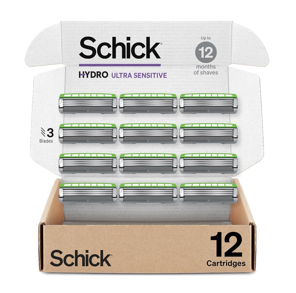 Schick Hydro Ultra Sensitive Razor Refills, 12ct | 3 Blade Razor Heads for Men, Shaving Blades, 12 Refills
