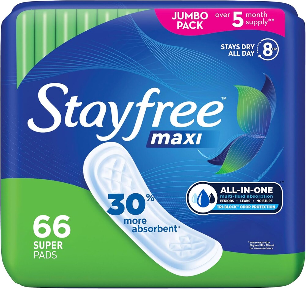 Stayfree Maxi Pads for Women, Super - 66 Count
