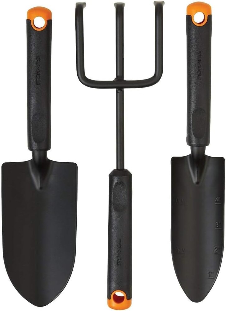 Fiskars 3-Piece Garden Tool Set - Trowel, Transplanter, Cultivator, Rust-Resistant Steel Heads, Ergonomic Handles for Planting, Digging, and Aerating Soil