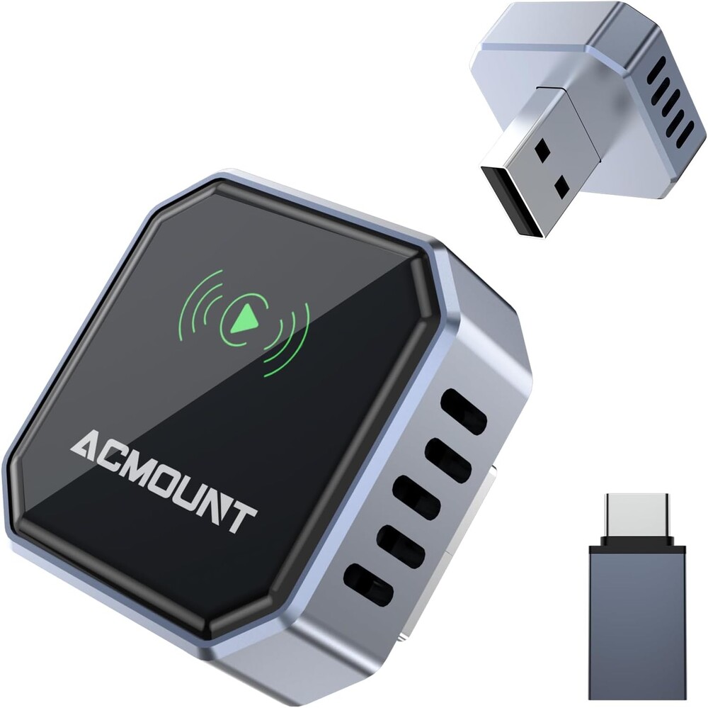 Acmount 2 in 1 Wireless Carplay Adapter & Android Auto 2026 Upgrade Wired CarPlay to Wireless, Fast Auto-Connect, Mini USB Design, Plug & Play Wireless Dongle for iPhone 6+ / Android 11+ (Silver-Gray)