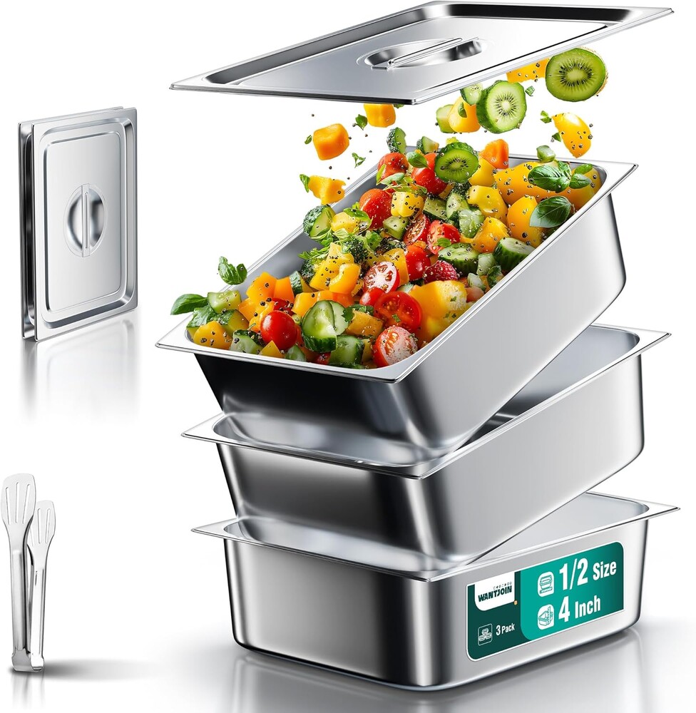 WantJoin Steam Table Hotel Pans with Lid 1/2 Half Size 4 Inch Deep 3 Pack, Thickened Stainless Steel Metal Tray Sets Food Storage Container, Restaurant Chafing Dishes Commercial Buffet Warmer Catering