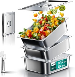 WantJoin Steam Table Hotel Pans with Lid 1/2 Half Size 4 Inch Deep 3 Pack, Thickened Stainless Steel Metal Tray Sets Food Storage Container, Restaurant Chafing Dishes Commercial Buffet Warmer Catering