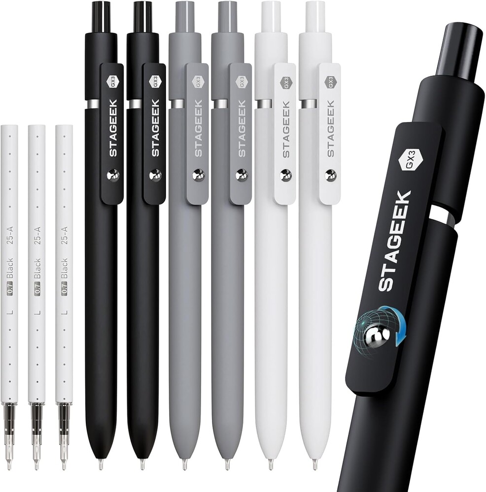Black Gel Pens GX3, 6Pcs Fine Point Smooth Writing Pens with 3 Extra Refills, Black Ink Pens for Journaling, Office, Note Taking, School Supplies, Nurse Aesthetic(Black Gray White)