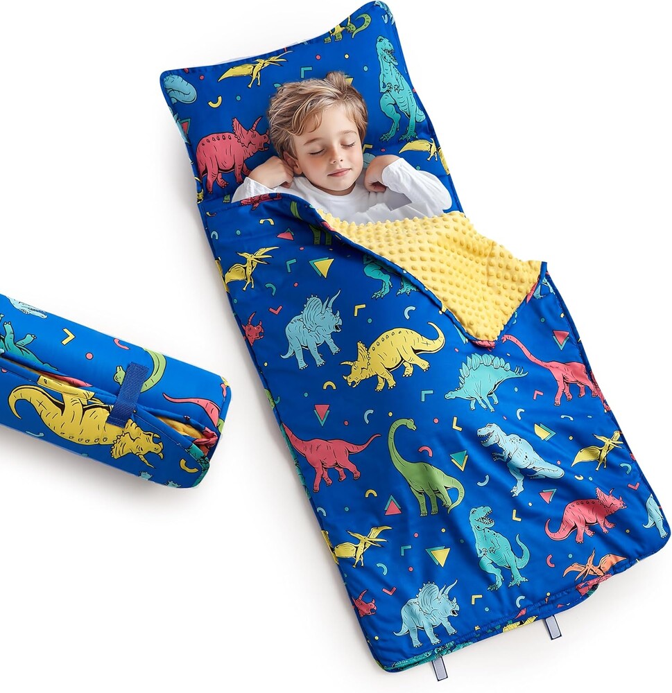 Toddler Nap Mat with Pillow and Blanket, Kids Sleeping Bag Mat for Daycare & Preschool, Roll Up Portable Soft Nap Mat for Toddlers, Boys and Girls (Ages 2-7 Years)