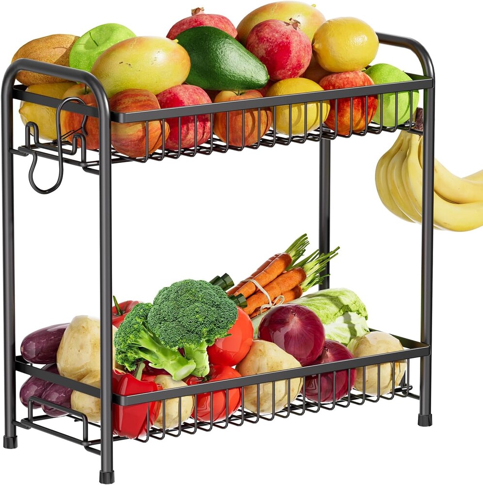 Fruit Basket for Kitchen Counter, Extra Large Fruit Bowl with Banana Hangers, 2 Tier Fruit Holder Stand Countertop Organizer for Vegetable Onion Potato Bread Snack Produce Storage and Display, Black