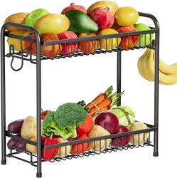 Fruit Basket for Kitchen Counter, Extra Large Fruit Bowl with Banana Hangers, 2 Tier Fruit Holder Stand Countertop Organizer for Vegetable Onion Potato Bread Snack Produce Storage and Display, Black