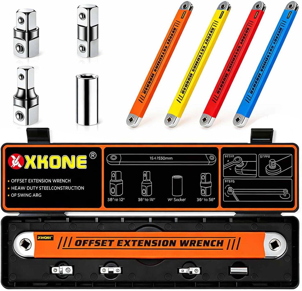 Offset Extension Wrench – Zero-degree Swing for Tight Spaces,3/8" Socket Extender Tool with 1/4",3/8",1/2" Square Drive Adapters and 1/4" Socket.