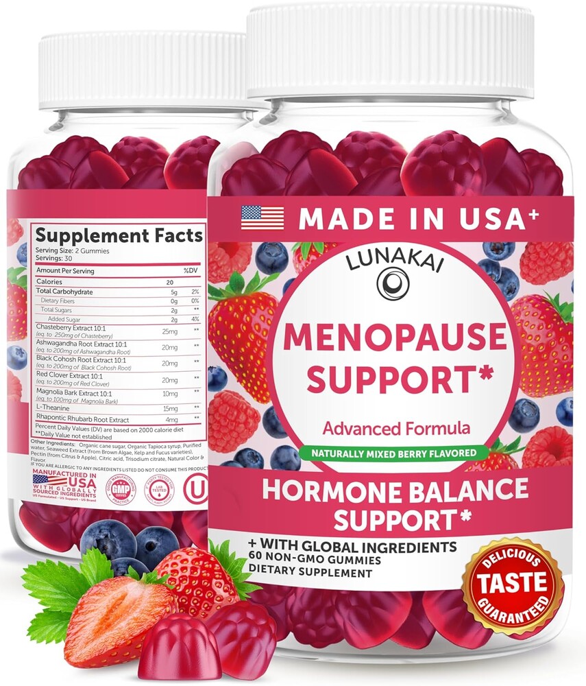 Lunakai USA Made Menopause Relief Gummies – Natural Menopause Supplements for Women with Black Cohosh & L-Theanine – Daily Support for Hot Flashes, Night Sweats & Hormonal Balance, 60ct