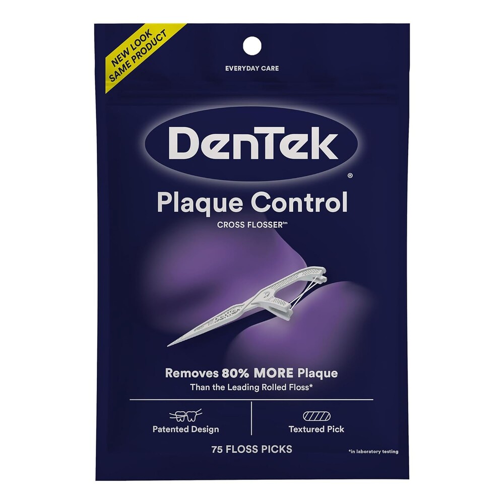 Dentek Floss Picks, X-Shaped Cross Flosser, Plaque Control Dental Floss Picks, 75 Count