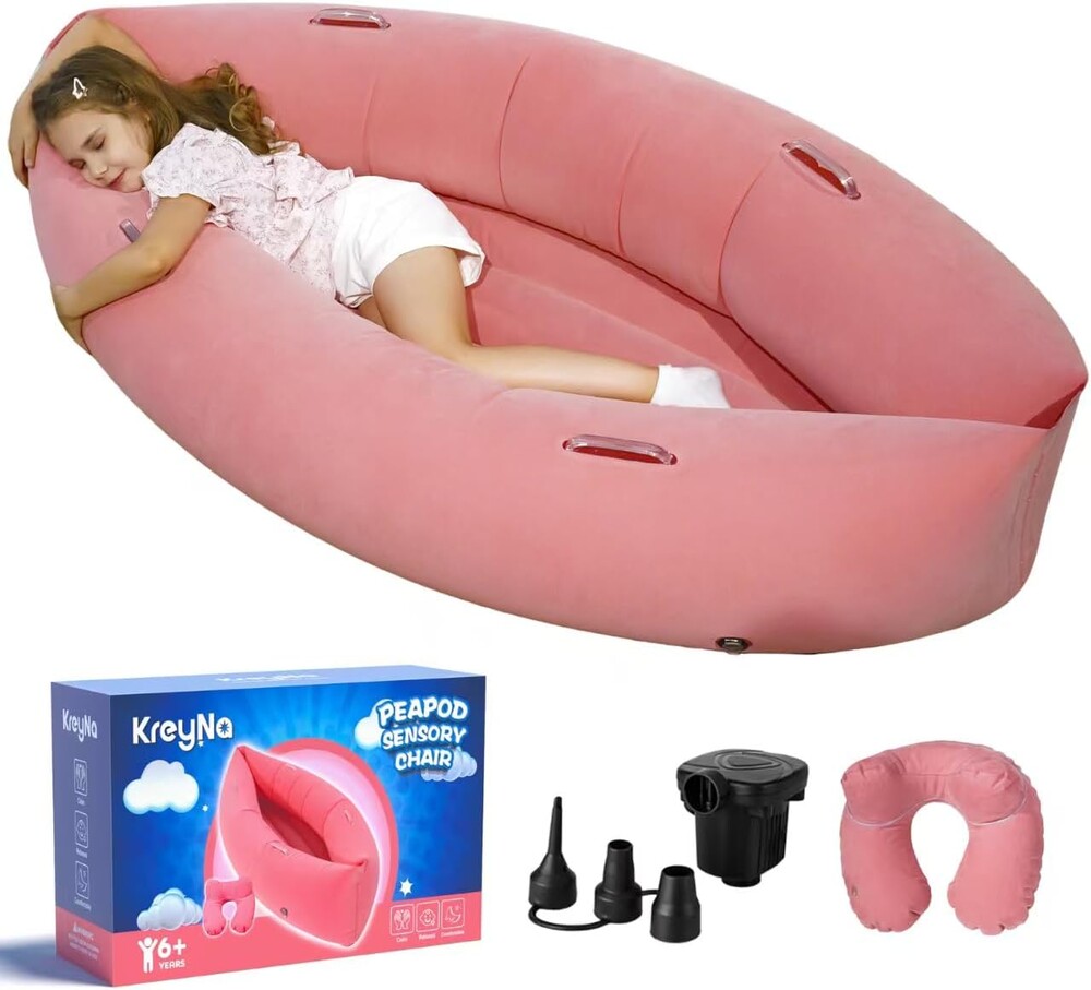 Sensory Chair Inflatable Peapod Canoe, 60" Sensory Pod Sitting for Autistic Children, ADHD Sensory Pea Pod with Neck Pillow, Electric Air Pump, Pink