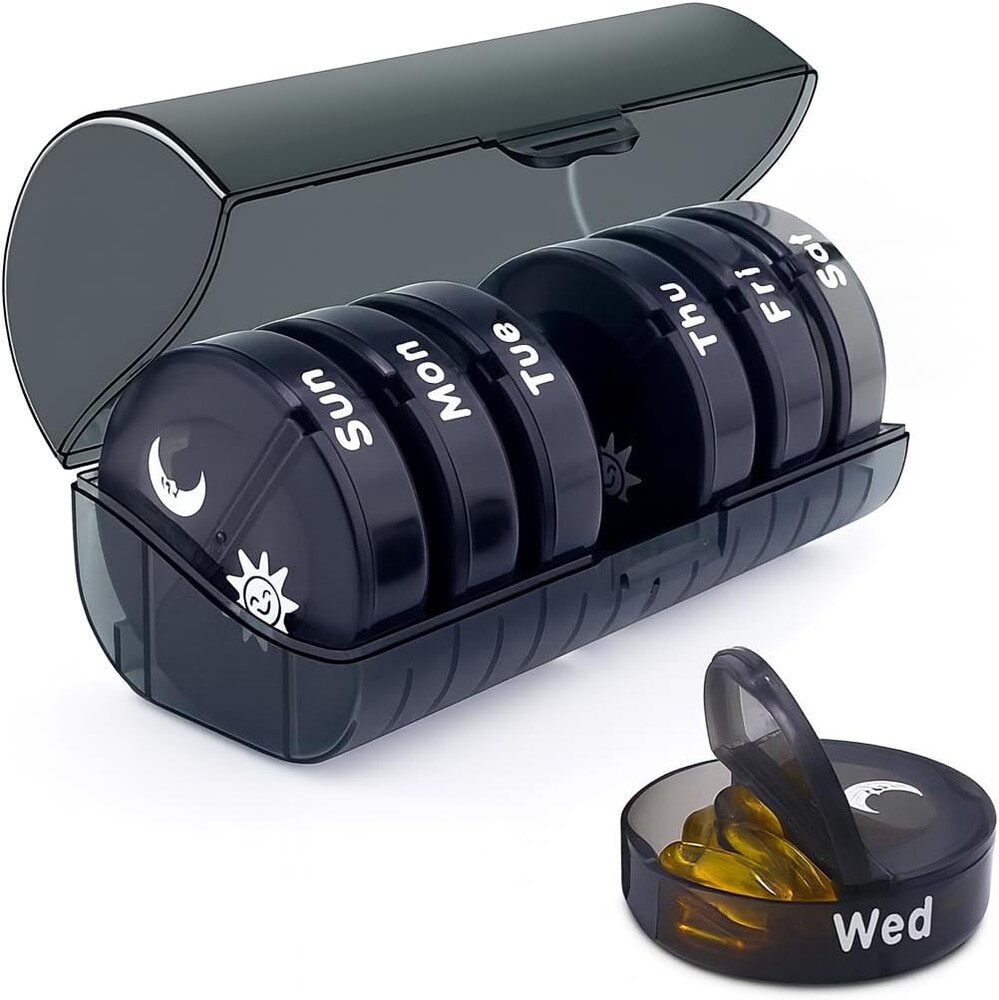 7-Day Pill Organizer with Two Compartments Per Day, Ideal for Pills/Vitamins/Fish Oil/Supplements Storage, BPA-Free and Easy to Clean (Black)