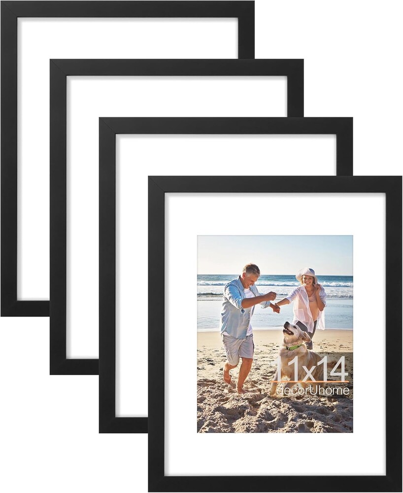 decorUhome 11x14 Picture Frame, Display Pictures 8x10 with Mat or 11x14 without Mat, Wall Mounting Photo Frame, Black, 4 Pack