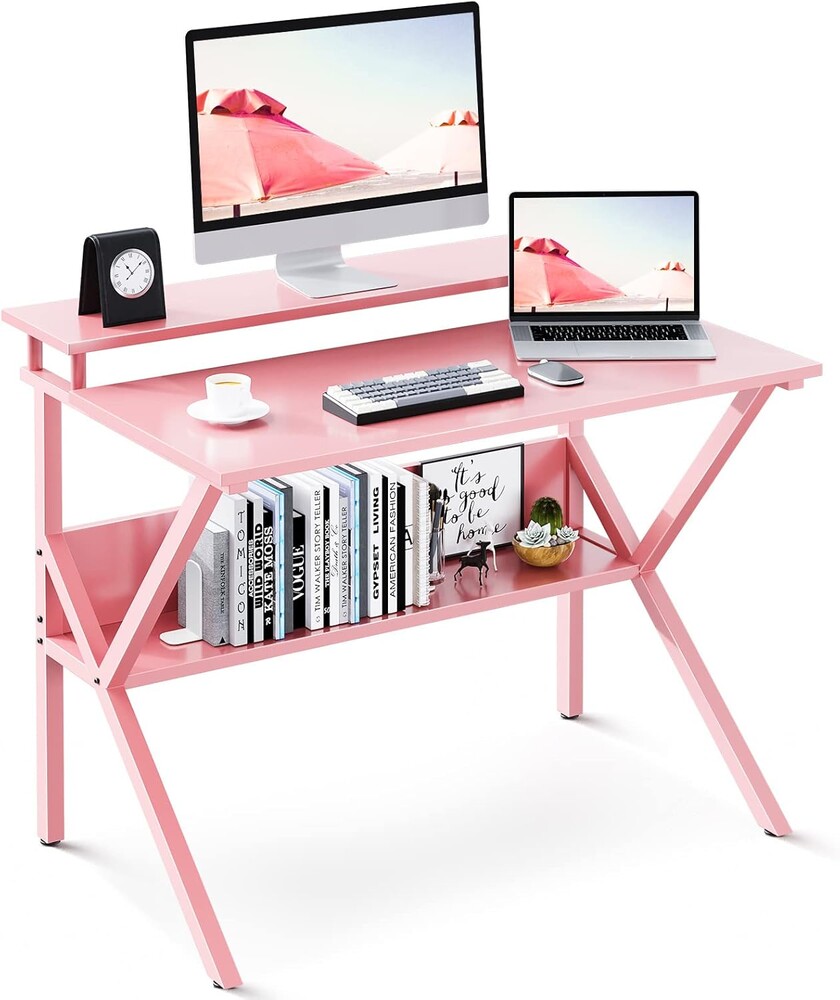 ODK Small Desk, 27.5 Inch Computer Desk for Small Spaces, Study Desk with Storage & Monitor Stand, Pink