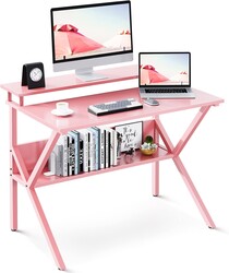 ODK Small Desk, 27.5 Inch Computer Desk for Small Spaces, Study Desk with Storage & Monitor Stand, Pink