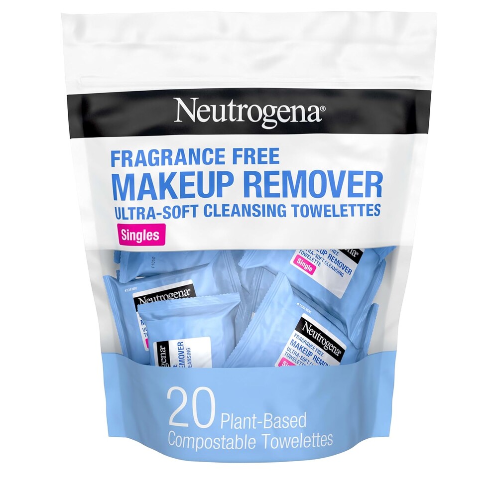 Neutrogena Fragrance-Free Makeup Remover Wipes Singles, Individually Wrapped Face Towelettes, Gently Remove Dirt, Oil, Waterproof Mascara & Makeup, Alcohol-Free Daily Face Wipes for Travel, 20 ct