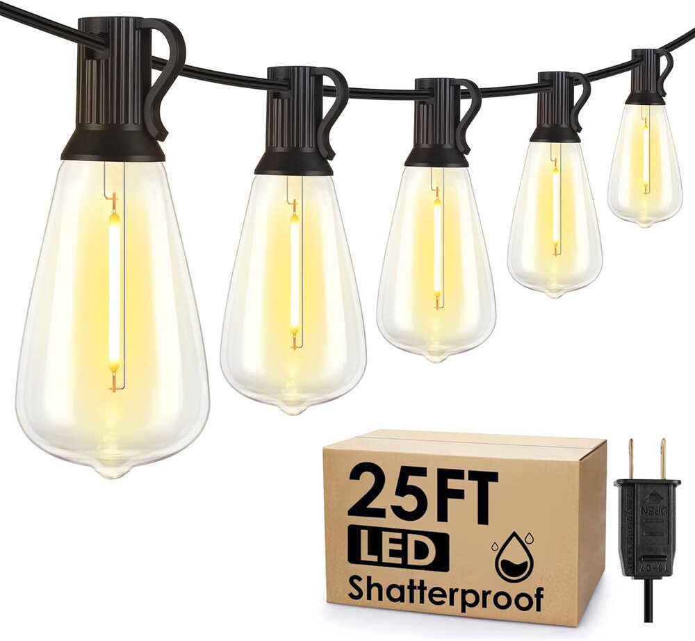 25FT Outdoor String Lights, Patio Lights with 10+1 LED Dimmable Waterproof Shatterproof ST38 Retro Edison 2700K Bulbs for Balcony Yard, Black