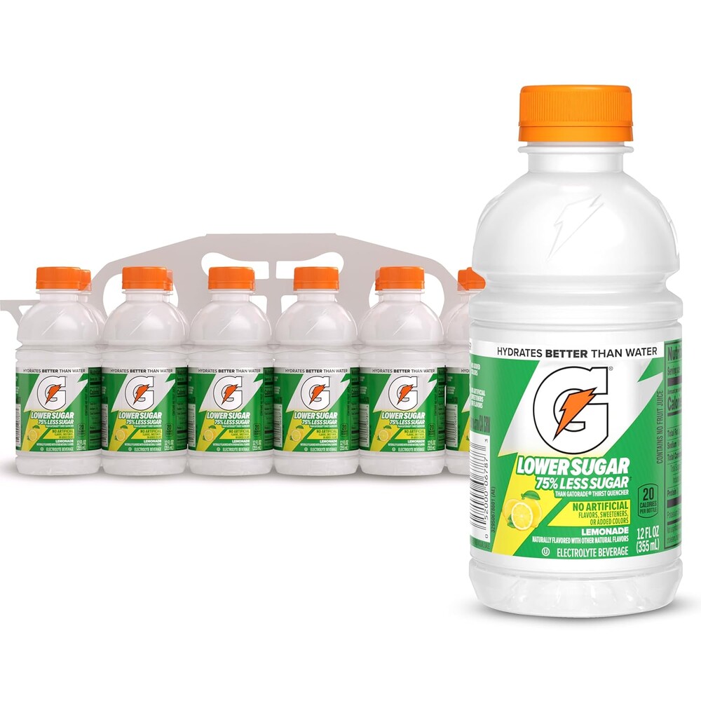 Gatorade Lower Sugar Electrolyte Sports Drink, Lemonade, 12 fl oz Bottles, (12 Pack), 75% Less Sugar, No Artificial Flavors, No Artificial Sweeteners, No Artificial Colors, Hydration