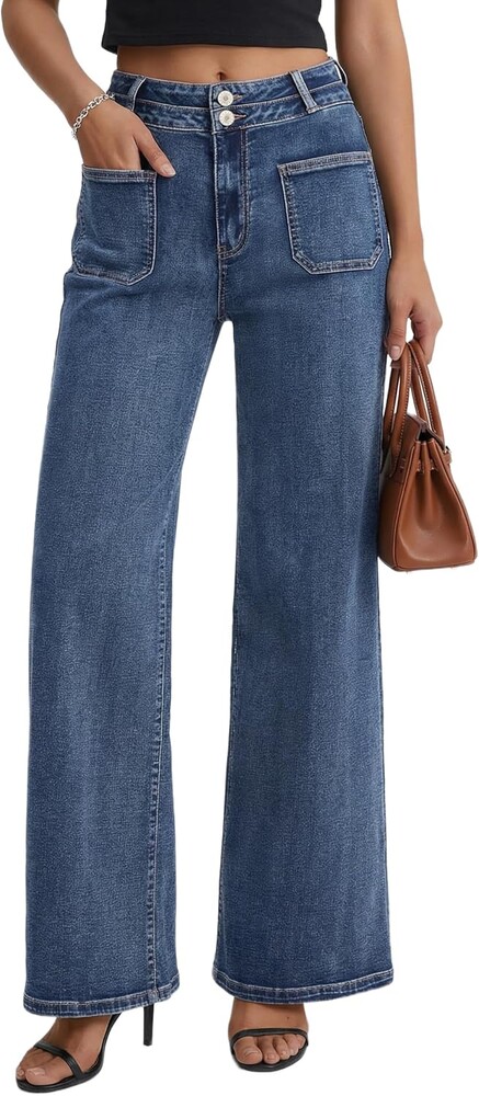 Women's High Waist Wide Leg Jeans Stretchy Loose Denim Pants with Two Button Detail