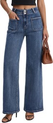 Women's High Waist Wide Leg Jeans Stretchy Loose Denim Pants with Two Button Detail