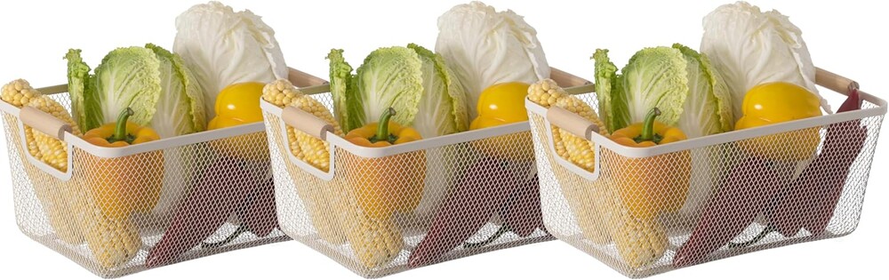 Basicwise Set of 3 Large Multipurpose Metal Mesh Basket with Wooden Handle Storage Organizers for Kitchen Bathroom Cabinet Closet Countertop Fruit Holder Picnic Food & Beverages Carrier & Home Decor