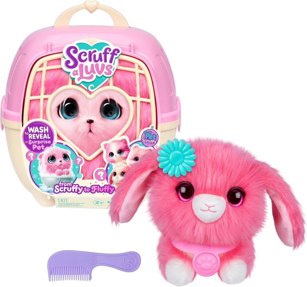 SCRUFFALUVS Pink Surprise Pet, Mystery Plush Toys, Stuffed Animals, Wash to Reveal 1 of 3 Rescue Surprise Toy Pets: Puppy, Bunny, or Kitty - Includes 8.7" Deluxe Carrier - Styles May Vary