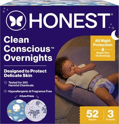 The Honest Company Comfort Dry Overnight Diapers, Up to 12 Hours Protection, Hypoallergenic, Cozy Cloud + Star Signs, Club Box Size 3 (16–28 lbs), 52 Count