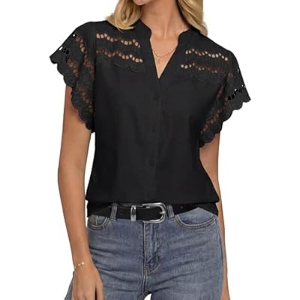 GRACE KARIN Womens Summer Tops Cotton Linen Eyelet Flowy Blouses Beach Vacation V Neck Button Down Shirts Trendy Clothes 2026