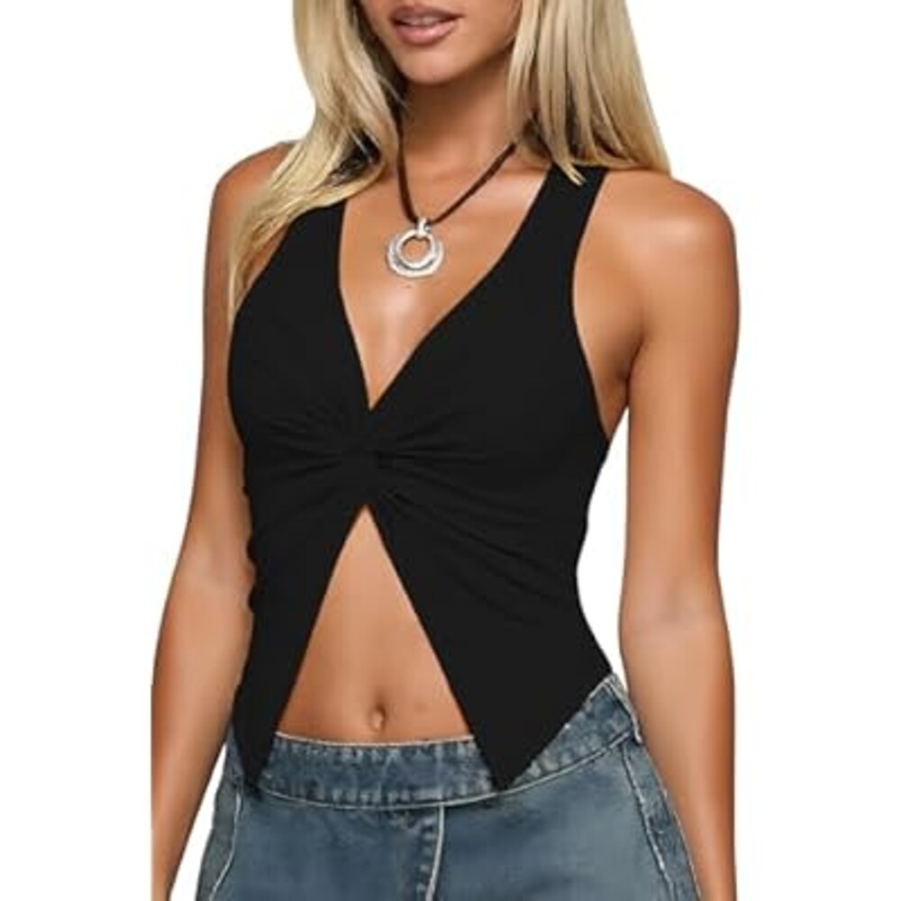 Halter Tops for Women Sleeveless Twist Knot Backless Tank Top Split Hem Y2k Clothes
