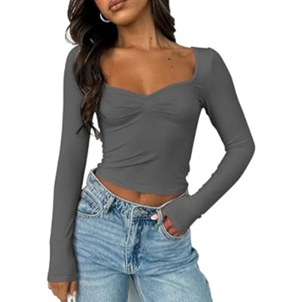 Sumtory Women Sweetheart Neckline Basic Fitted Tops Long Sleeve Going Out Crop Tops Ruched T Shirts