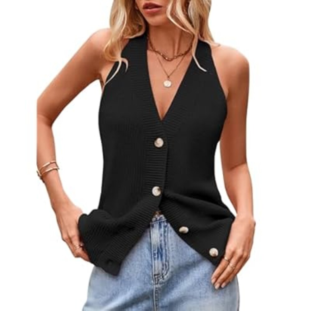 Sumtory Women Sweater Vest Button Down V Neck Knit Tank Top Sleeveless Cardigans